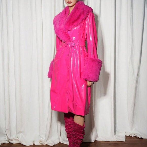 Hot Pink Sexy Women's Faux Fur Collar Jacket - Picture 4 of 7